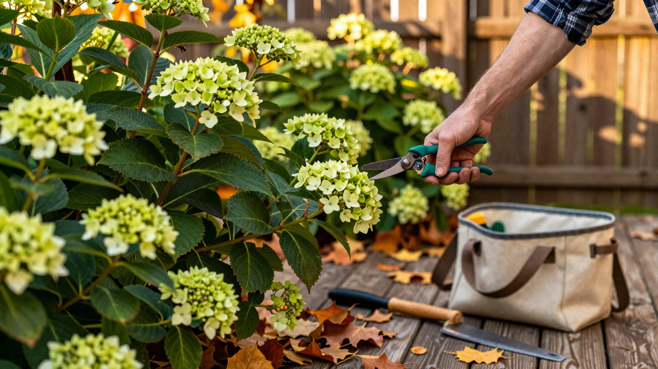 Person pruning yellow hydrangea flowers in a garden with gardening tools and a bag on a wooden deck.