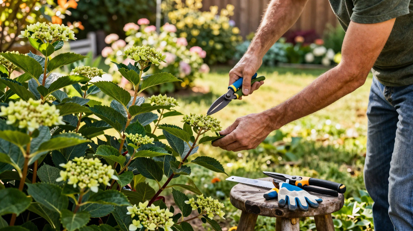 Person pruning green flowering plants with secateurs in a sunlit garden beside gardening tools on a stool.
