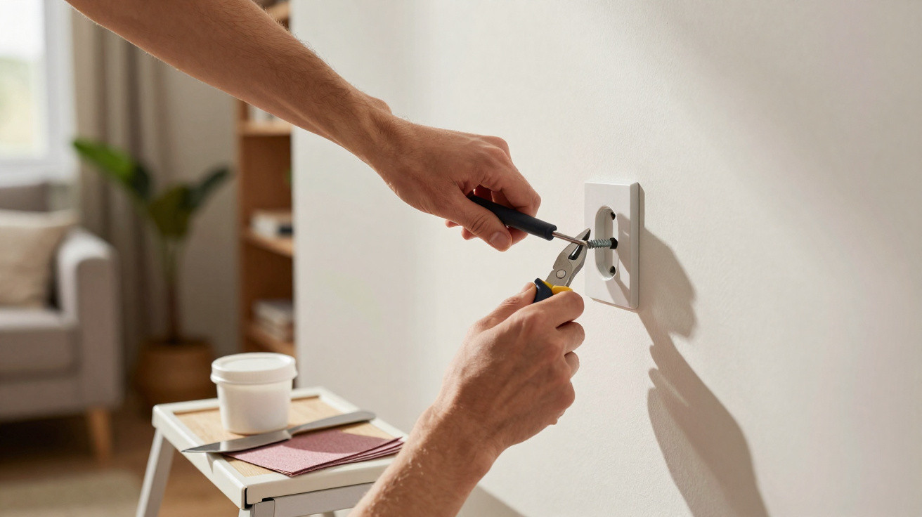 Person using screwdriver and pliers to install or repair a wall socket in a living room.