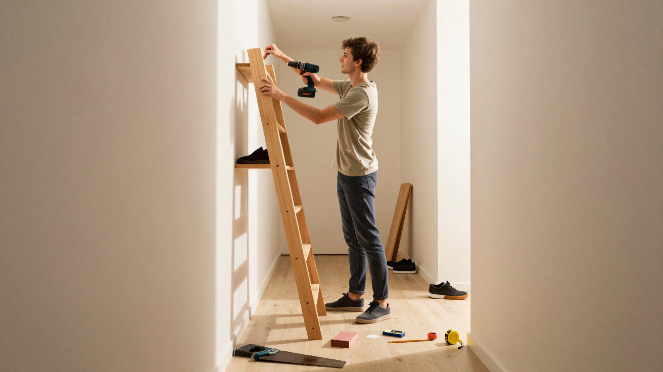 Young man using a cordless drill to fix a wooden shelf on a white hallway wall.