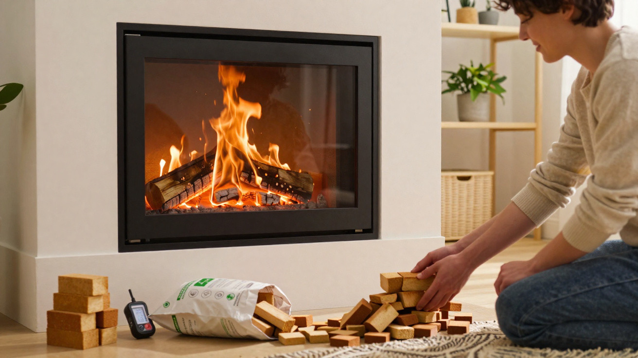 Person stacking firewood bricks by a modern built-in fireplace with flames burning inside.
