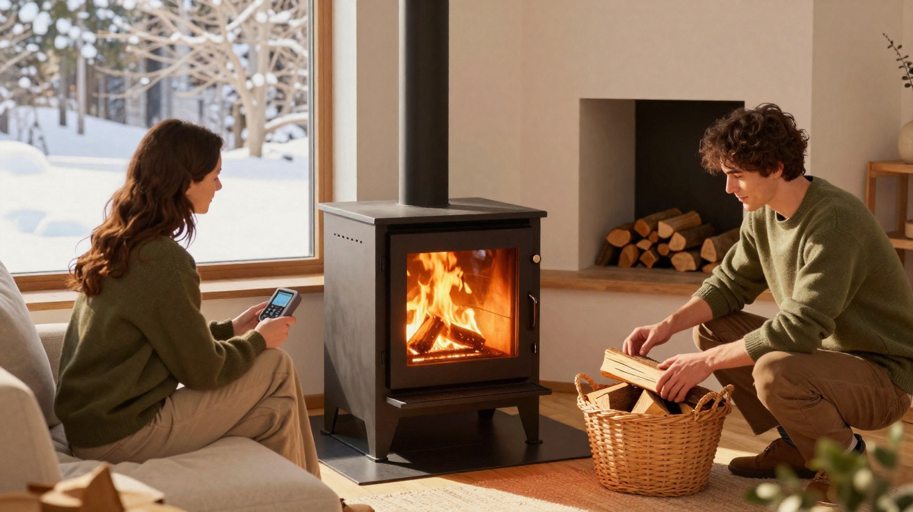 Couple in cosy sweaters sitting and kneeling by a lit wood-burning stove in a warm living room.