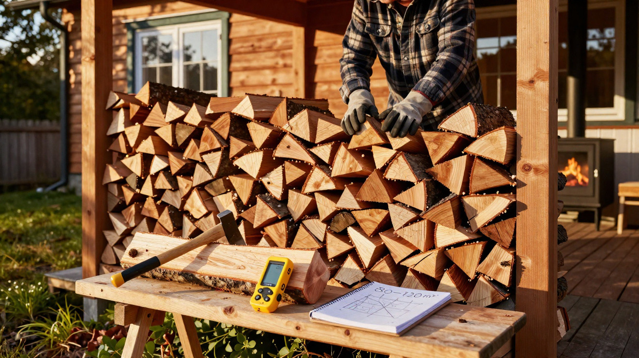 Person stacking split firewood logs neatly outdoors beside a wooden house with tools on a bench.