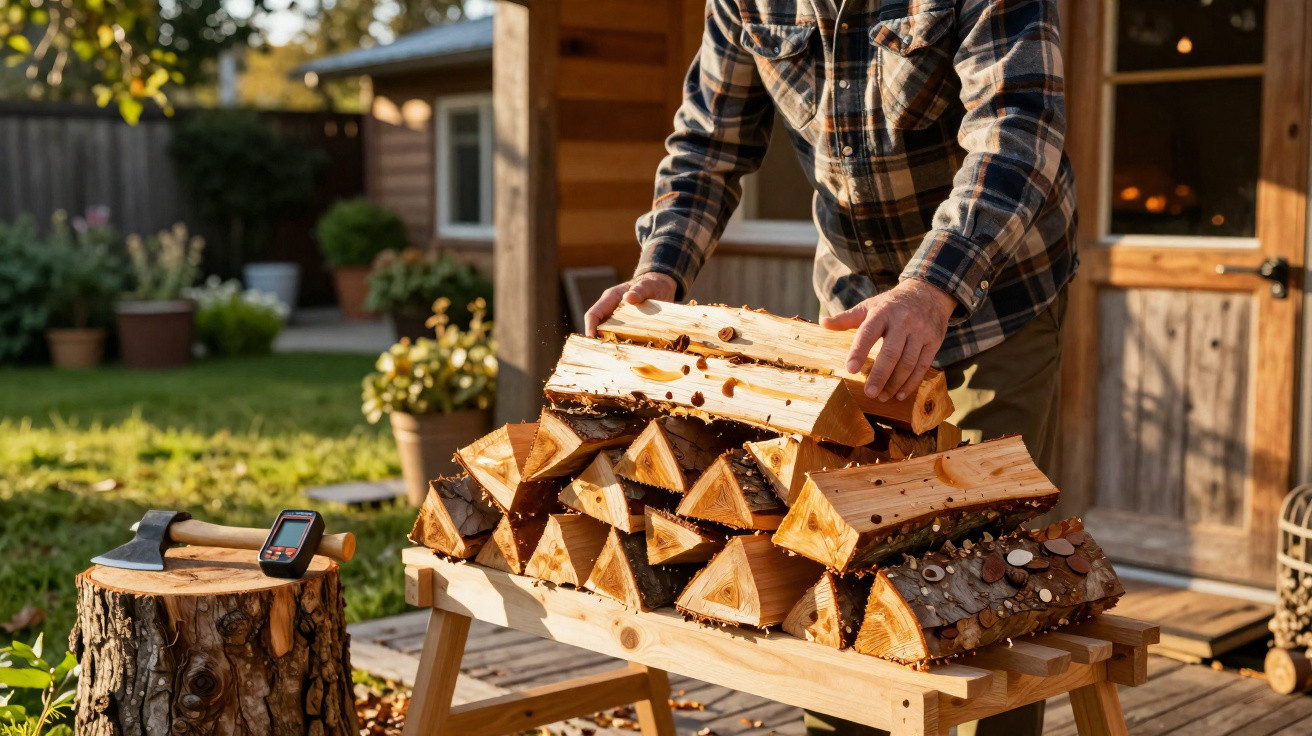 Person stacking split firewood on a wooden bench outside a countryside house at sunset.
