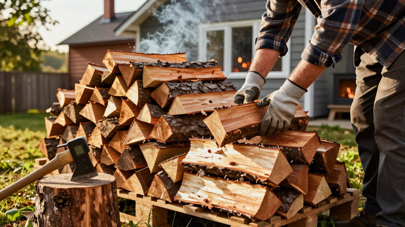 Person stacking freshly chopped firewood on a pallet outdoors near a house in the late afternoon.