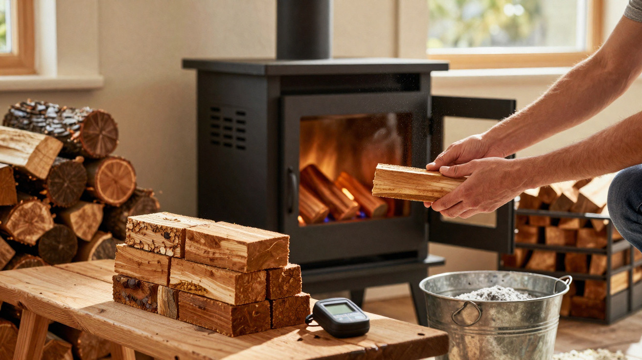 Person adding firewood to a burning stove in a cozy room with stacked logs and metal ash bucket.