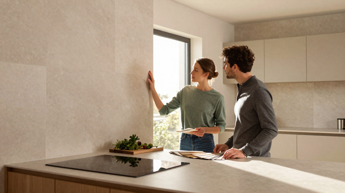 Couple examining kitchen wall tiles near a window in a modern, sunlit kitchen showroom.
