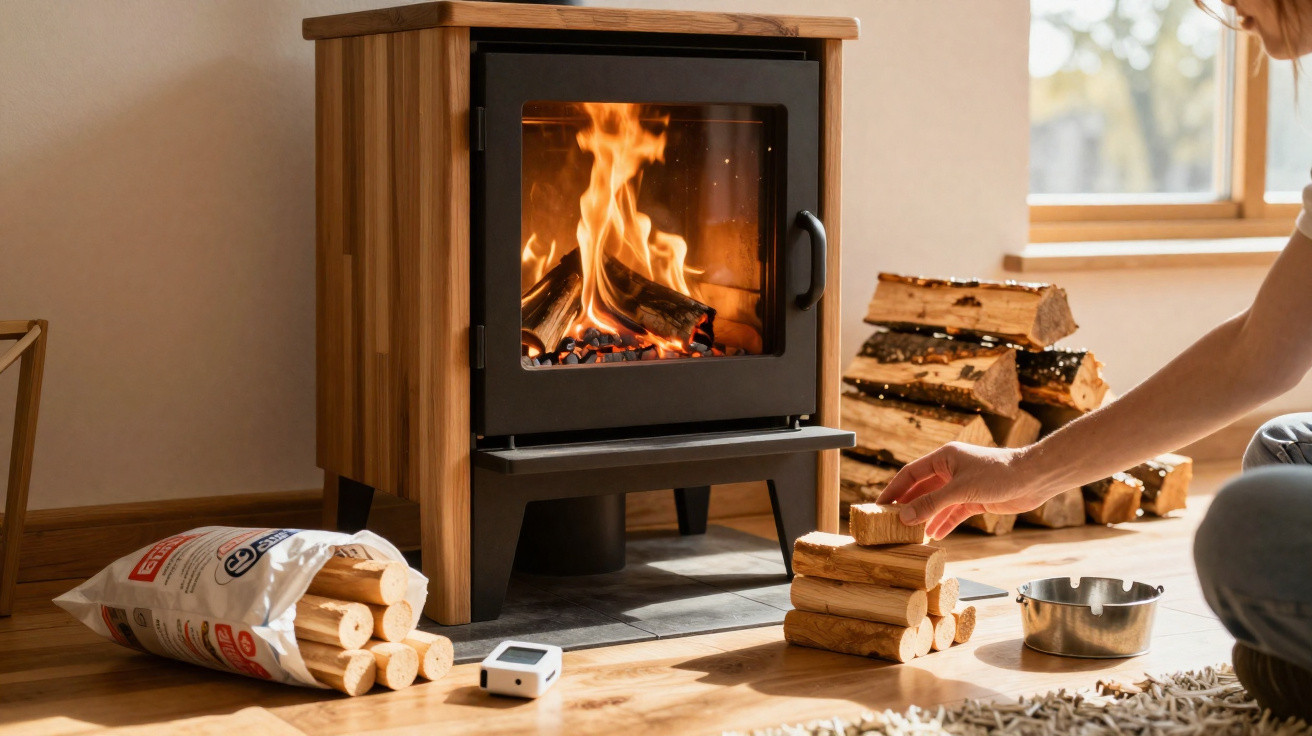 Wood-burning stove lit inside a wooden frame with logs being stacked nearby on a wooden floor.
