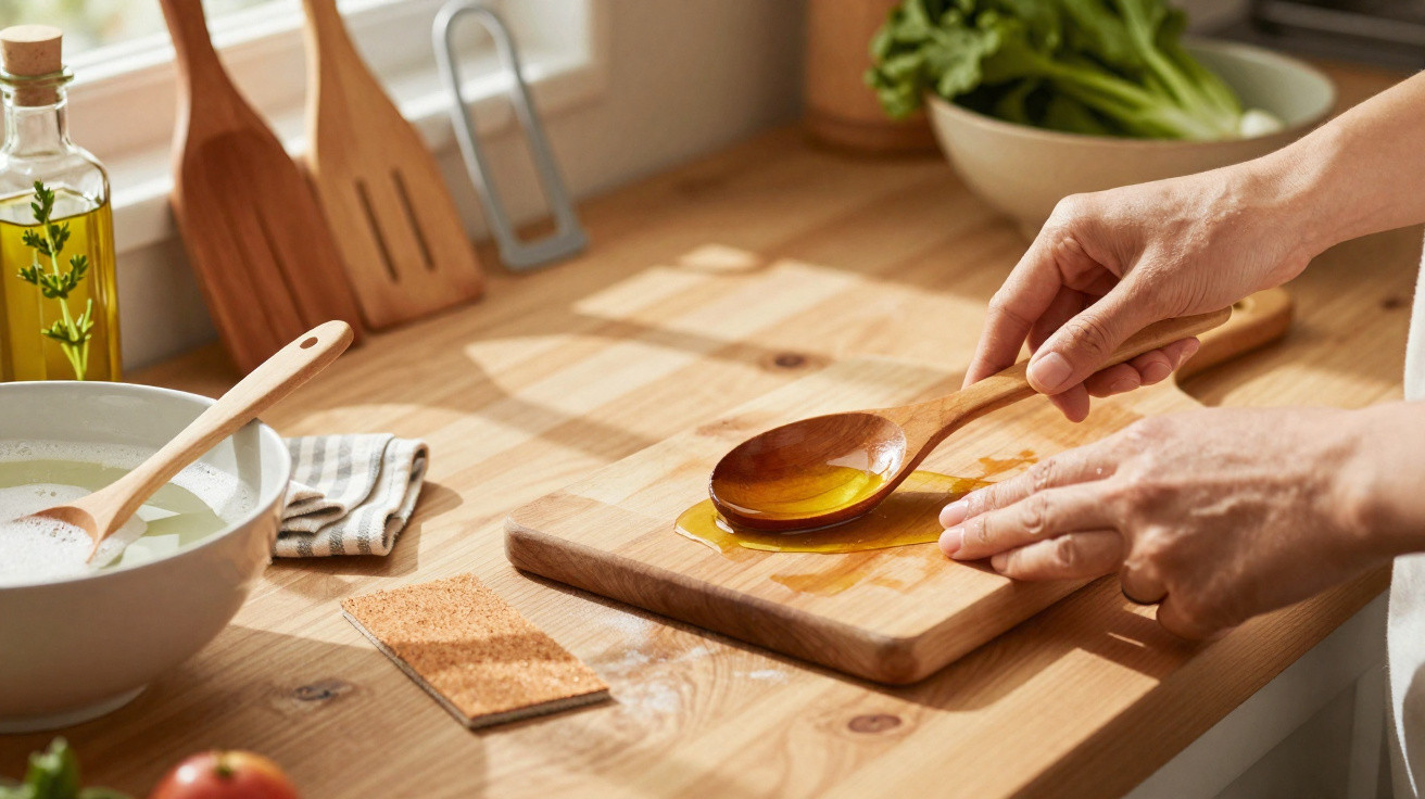 Hands holding a wooden spoon with oil over a wooden cutting board in a sunlit kitchen.