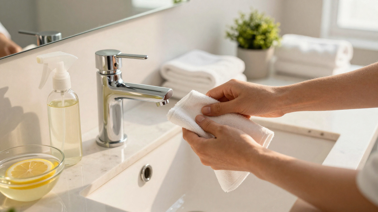 Person washing hands with a white towel over a white sink with a soap dispenser and lemon water bowl nearby.