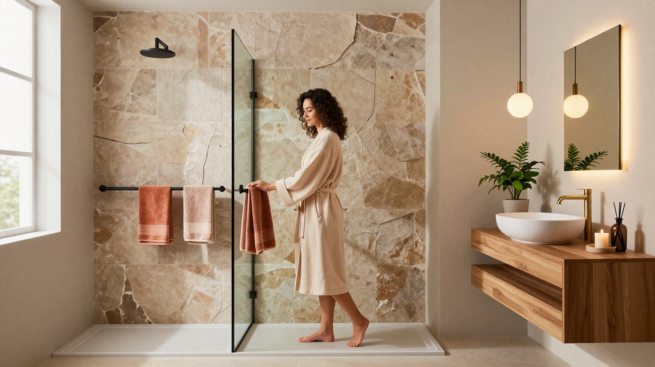 Woman in bathrobe standing in modern bathroom with stone tile shower and wooden vanity with round mirror.