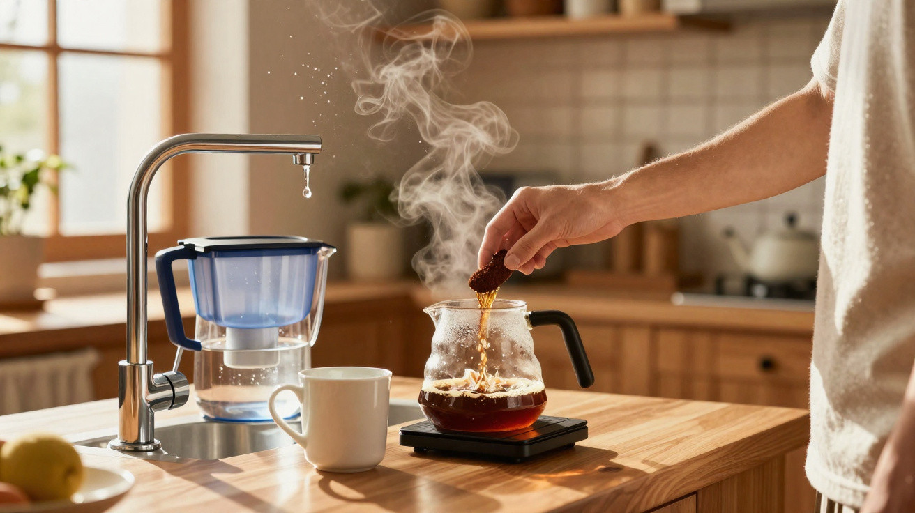 Person pouring coffee grounds into a steaming glass pot on a wooden kitchen counter next to a white mug.
