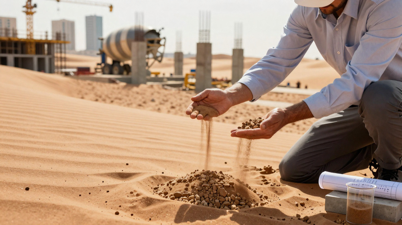 Engineer examining soil samples on a desert construction site with building foundations and machinery in background.