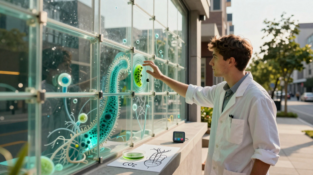 Scientist in a lab coat interacting with bacteria models displayed on outdoor glass panels.