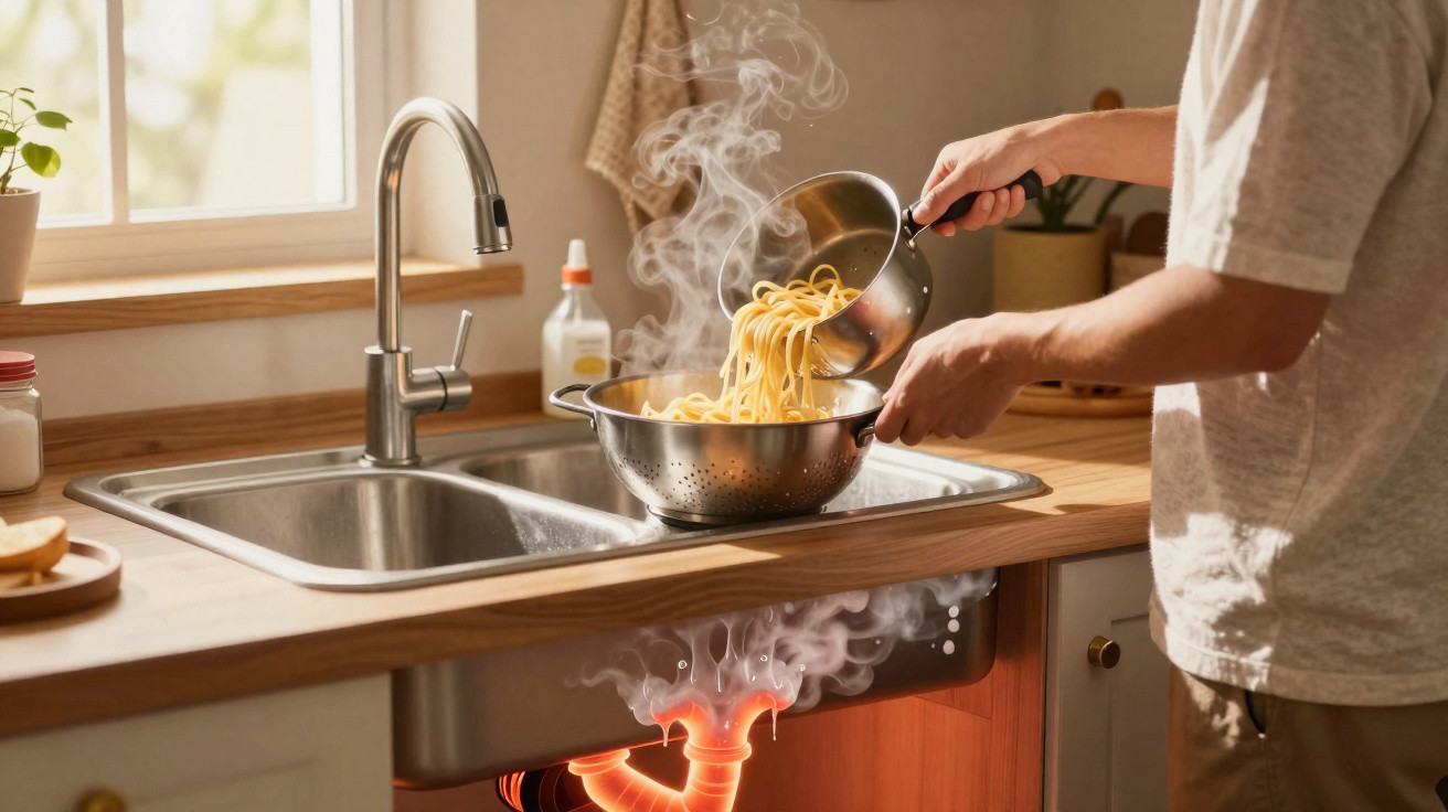 Person draining steaming pasta in a colander over a kitchen sink with a glowing hot pipe underneath.