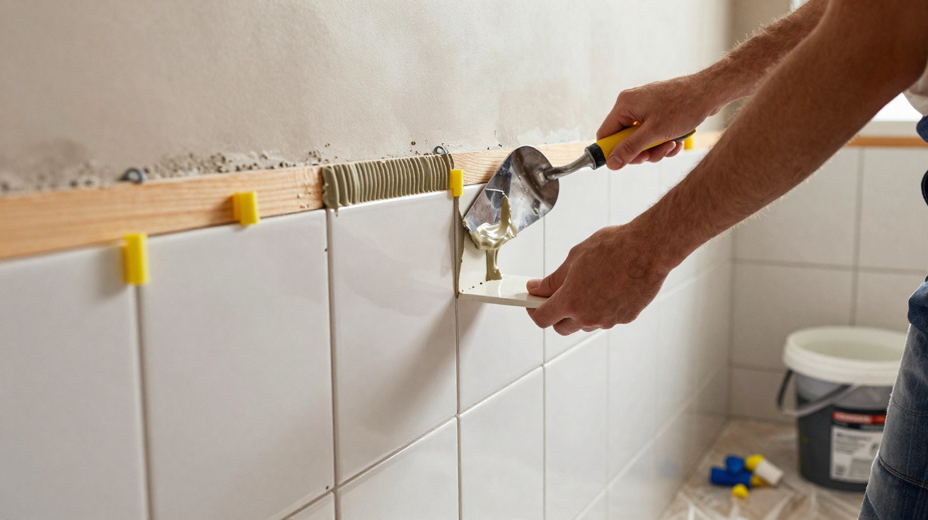 Person installing white ceramic wall tiles using a trowel and tile spacers in a room under renovation.