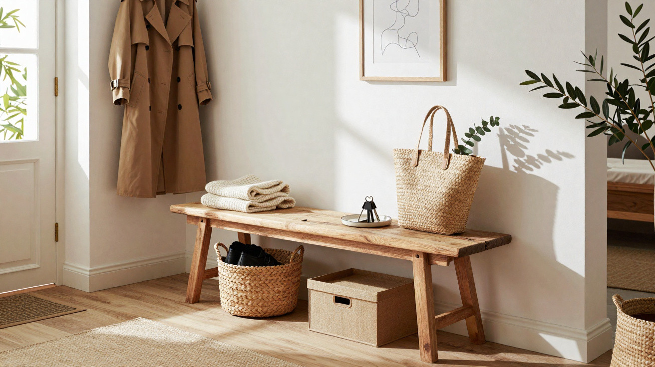 Minimalist hallway with wooden bench, woven baskets, folded clothes, and a coat hanging on the wall.