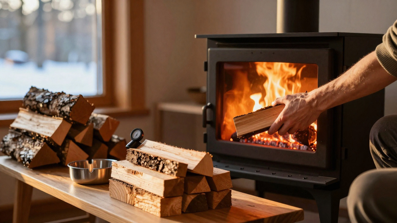 Person placing firewood into a lit wood-burning stove beside a table stacked with chopped logs and a metal bowl