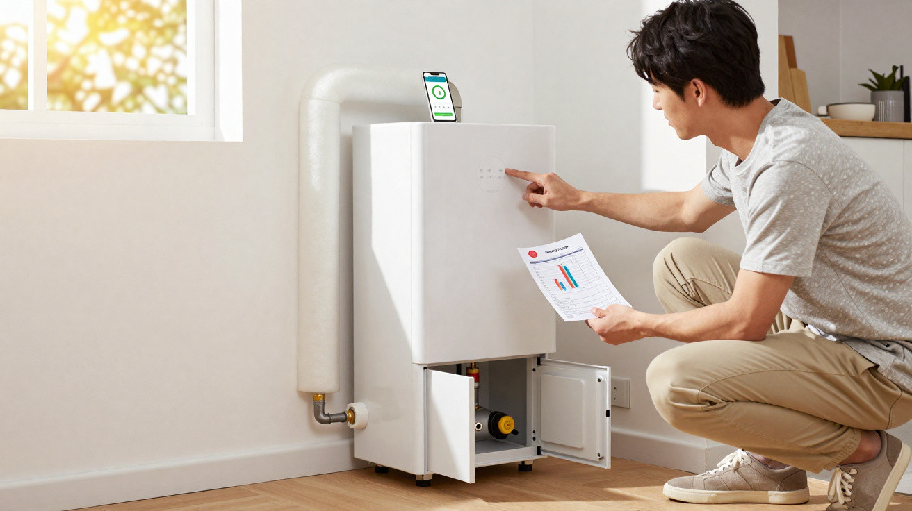 Man adjusting settings on a modern white boiler next to a window while holding a report in a bright room.