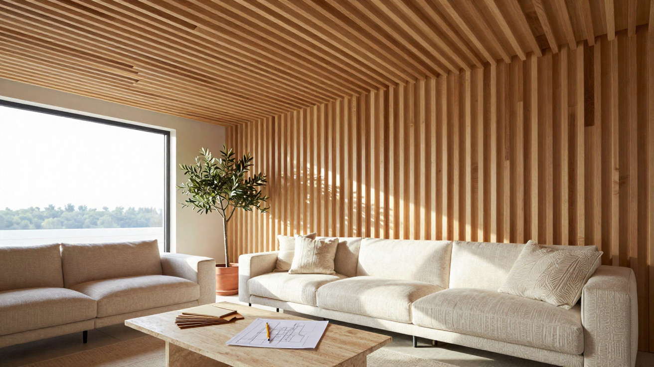 Modern living room with beige sofas, wooden slatted walls and ceiling, large window, and a potted plant.