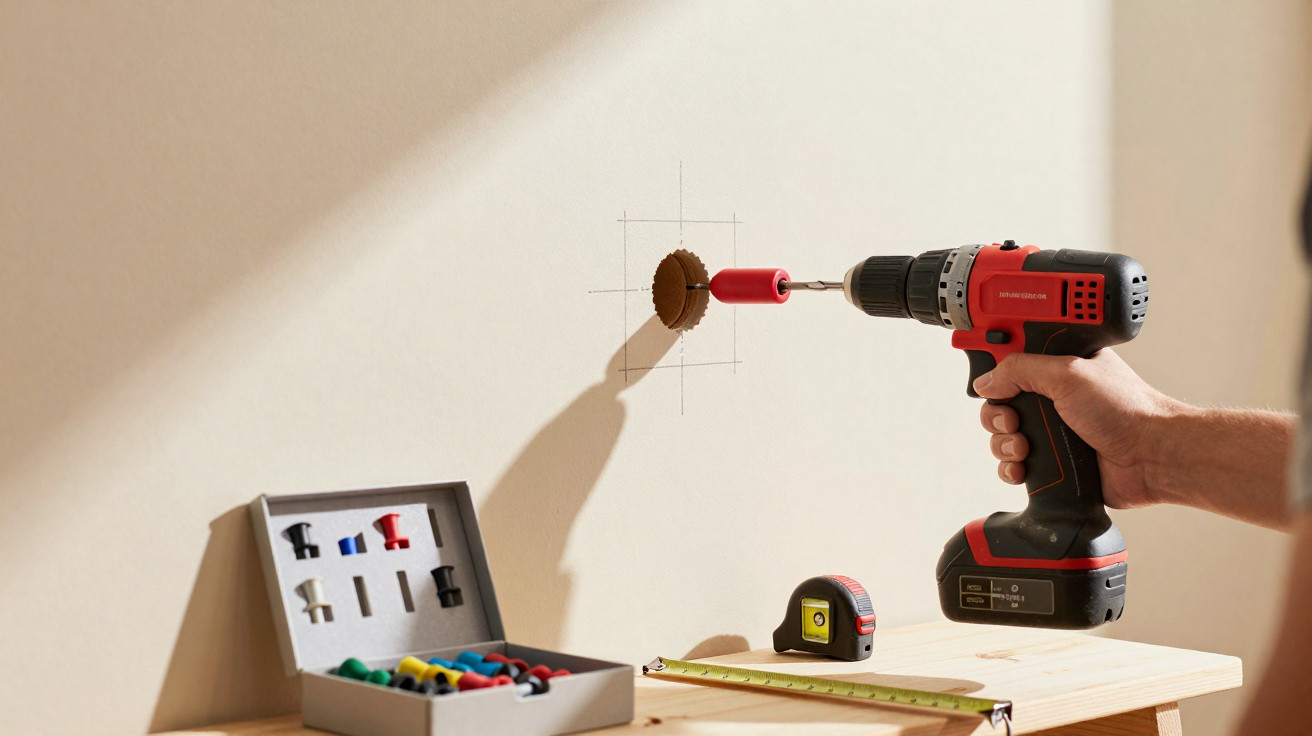 Person using a red and black drill with a hole saw bit to cut a circular hole in a wall marked with pencil lines.