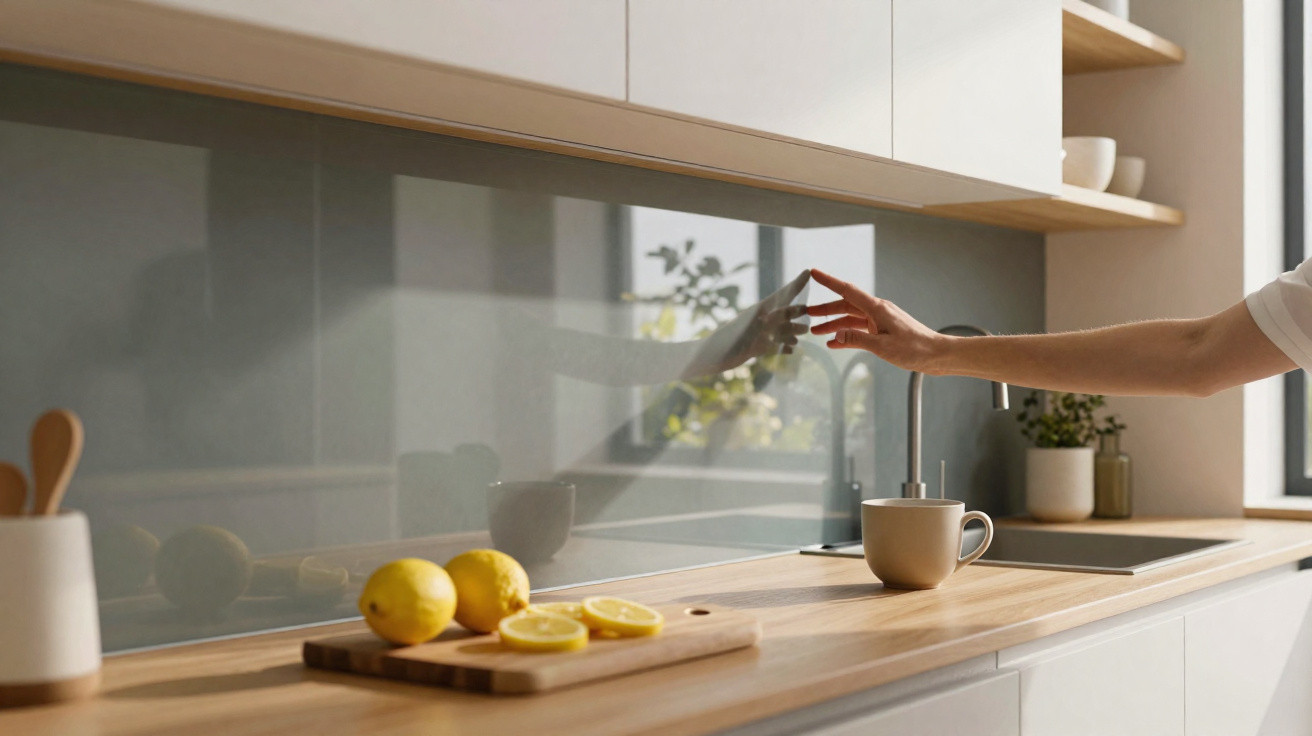 Person reaching for a white mug on a light wooden kitchen counter with sliced lemons on a board nearby.