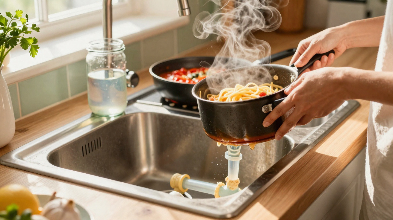 Person draining steaming cooked spaghetti from a pot over a kitchen sink with sauce visible in a pan nearby.