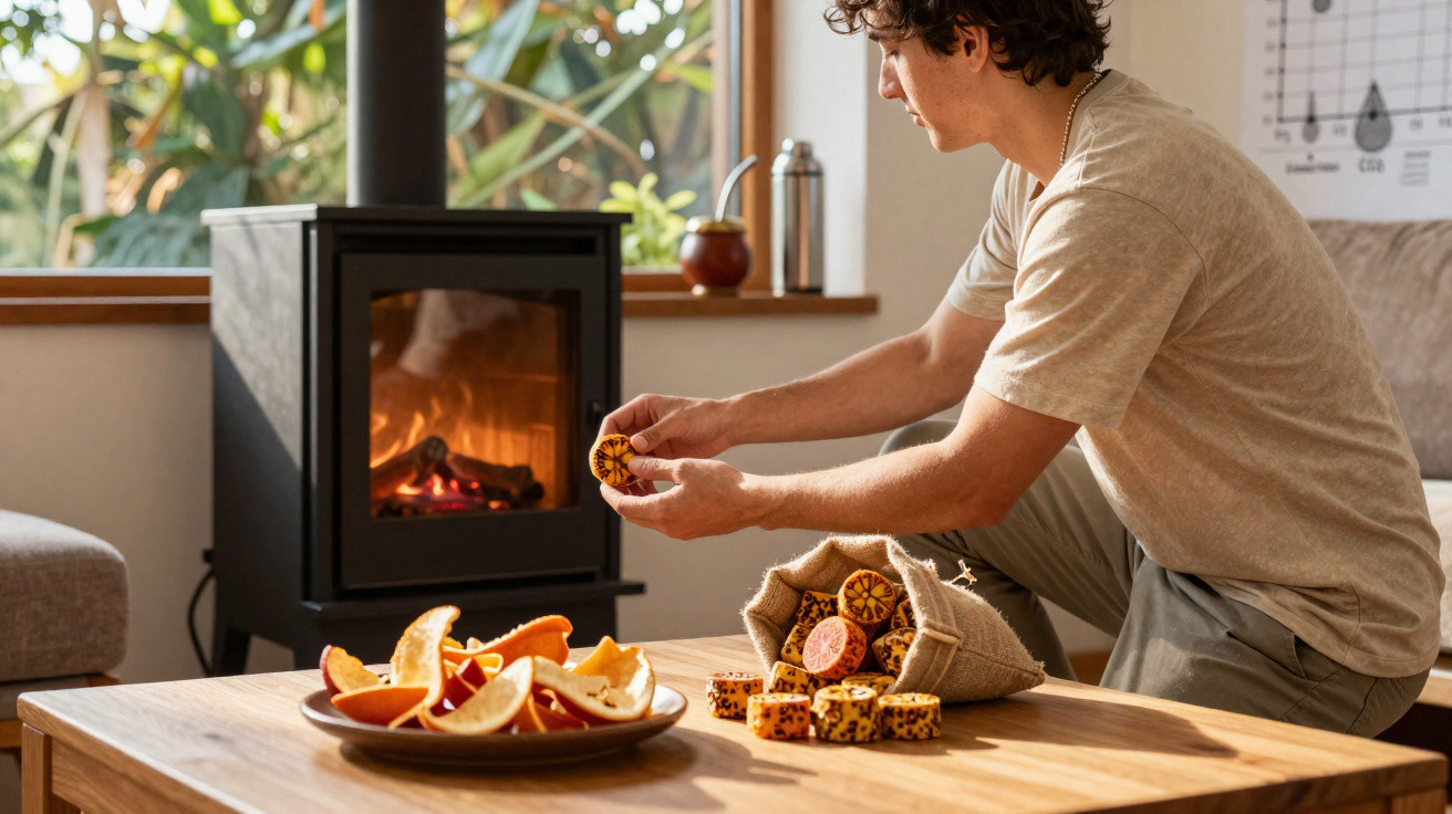 Person holding a wooden disc near a basket of discs with a cozy fireplace and plate of dried fruit on the table.