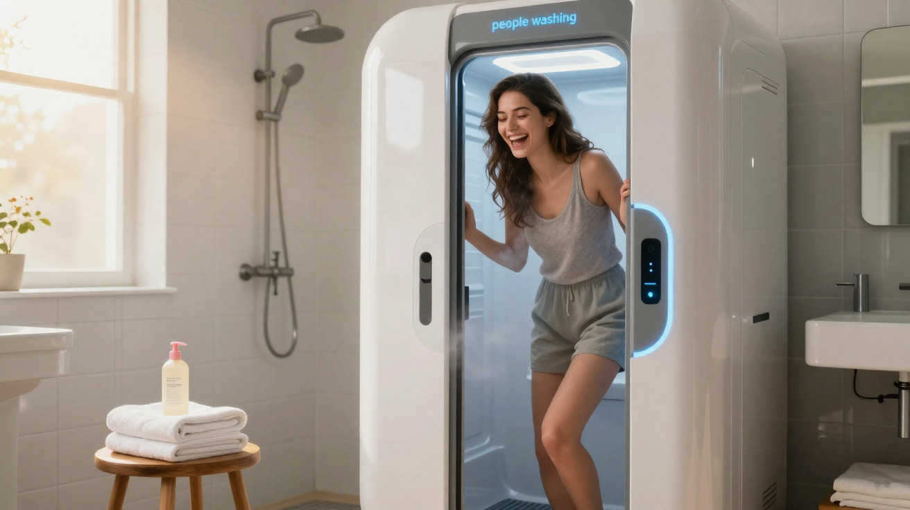 Young woman stepping out of a futuristic steam shower pod in a bright, modern bathroom.