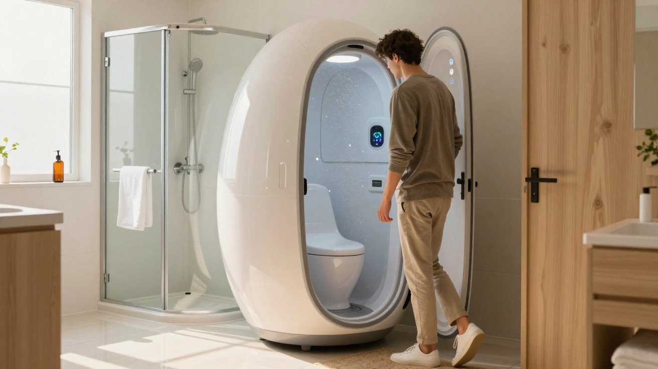 Man entering a futuristic white pod toilet in a modern bathroom with glass shower and wooden doors.