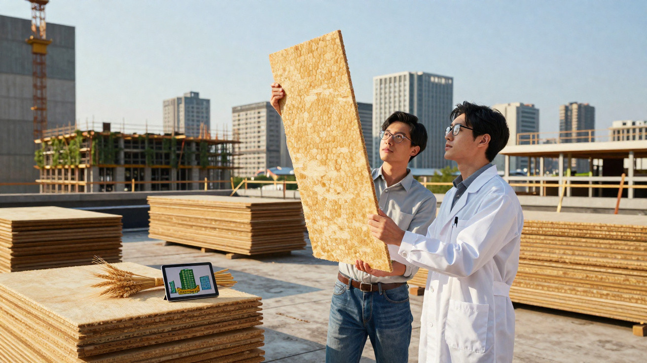 Two men examining a large sheet of eco-friendly building material on a rooftop construction site.