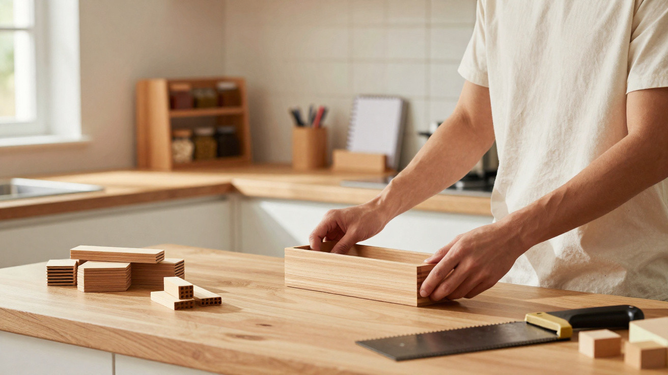 Person assembling a rectangular wooden box on a light wooden kitchen countertop with tools nearby.