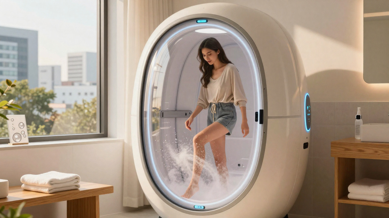 Young woman standing inside futuristic pod emitting steam in a bright, modern room with window and wooden furniture.