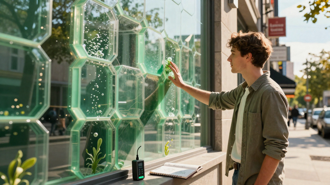 Young man touching a transparent hexagonal panel with bubbles on a sunny urban street.