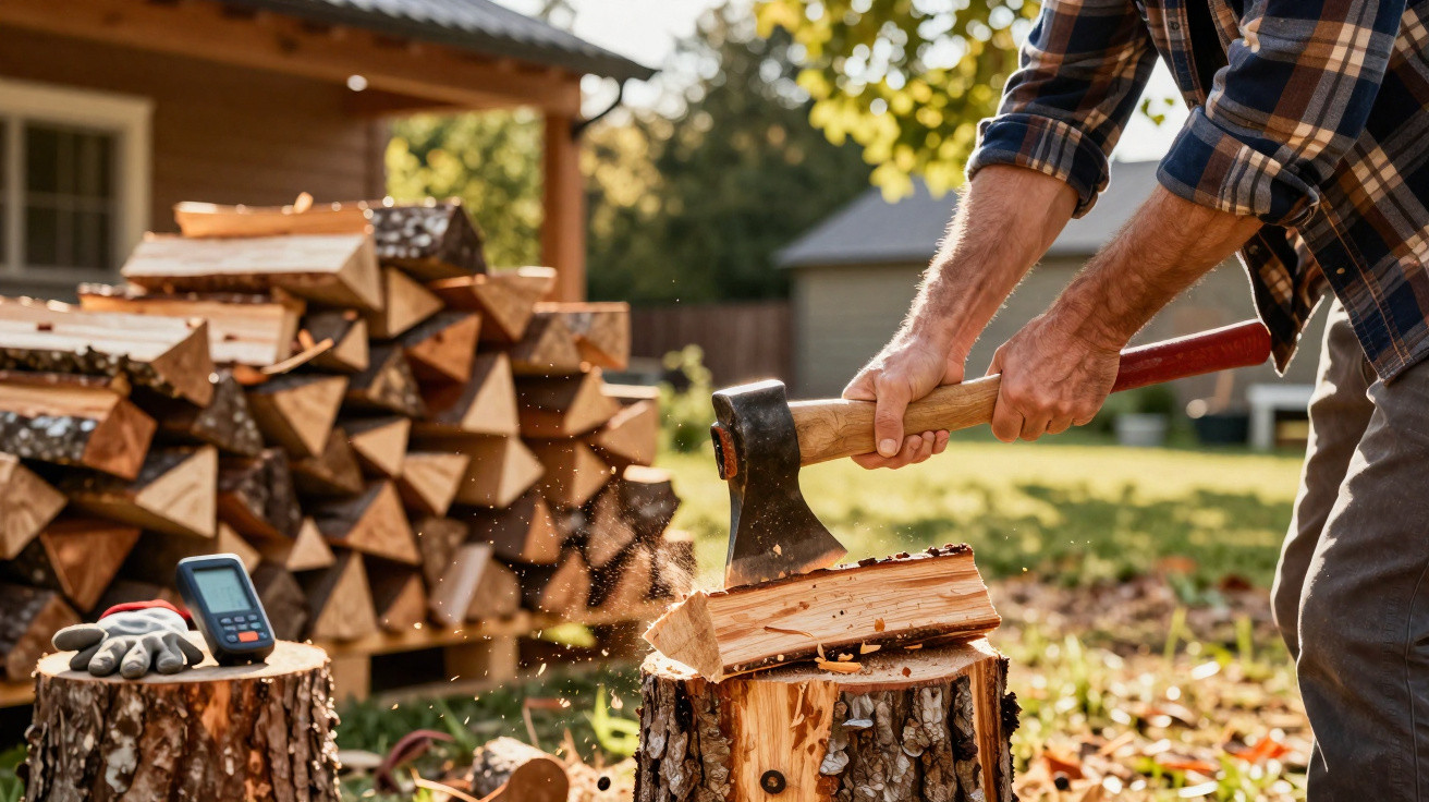 Person chopping firewood with an axe outdoors near stacked logs on a sunny day