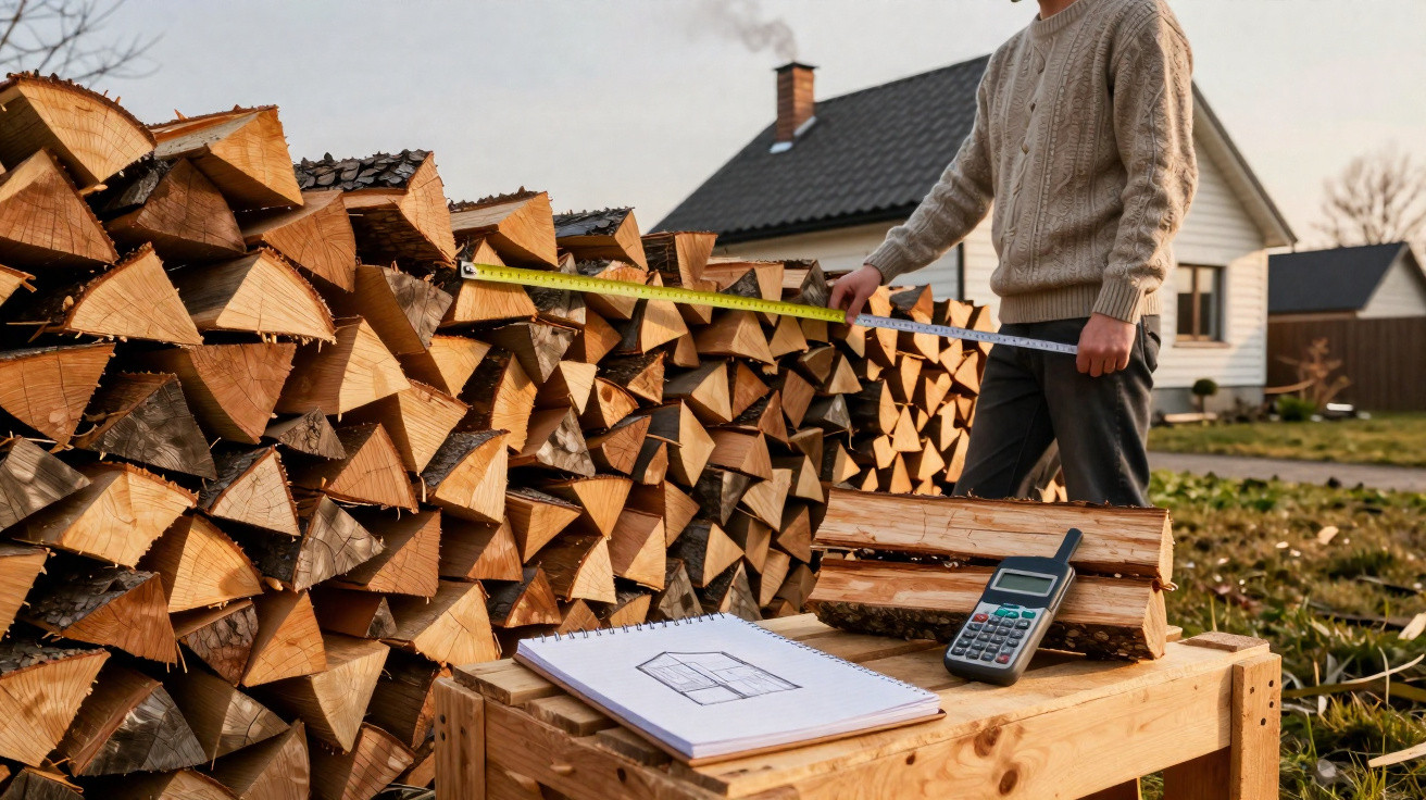 Person measuring stacked firewood with tape measure outdoors near house, with calculator and sketch on wooden table.