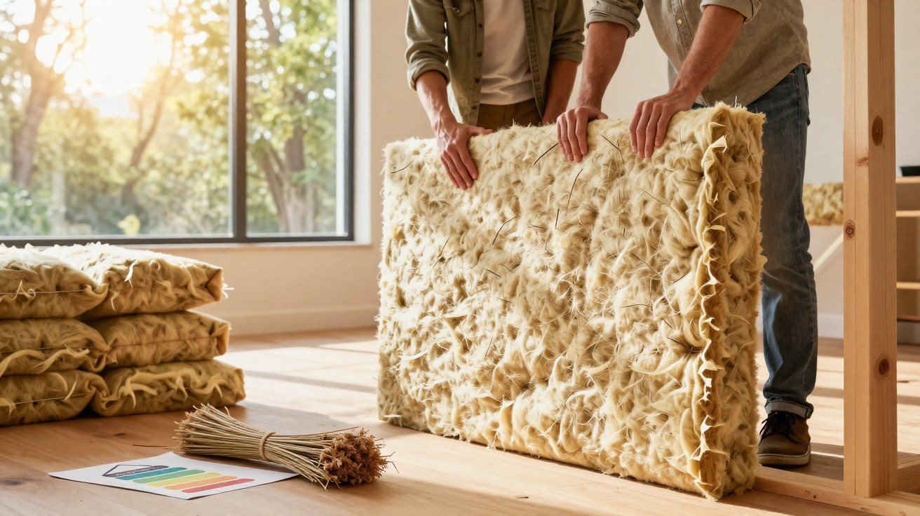 Two people handling a natural wool insulation panel in a sunlit room with stacked insulation on the floor.