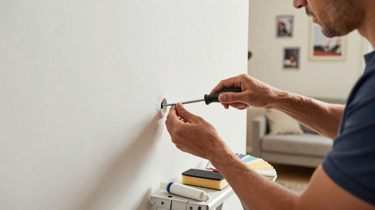 Man using a screwdriver to fix a screw in a white wall inside a living room.