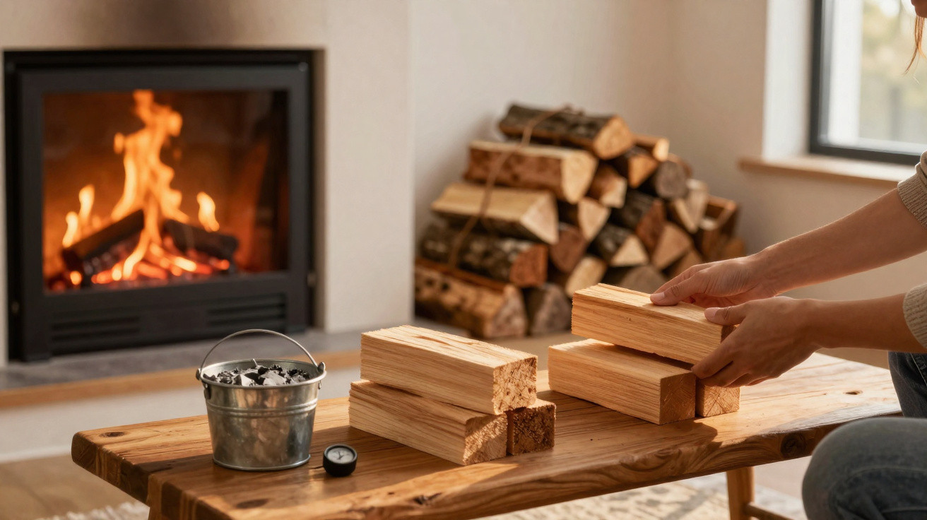 Person stacking firewood on a wooden table next to a burning fireplace and a metal bucket of coal.