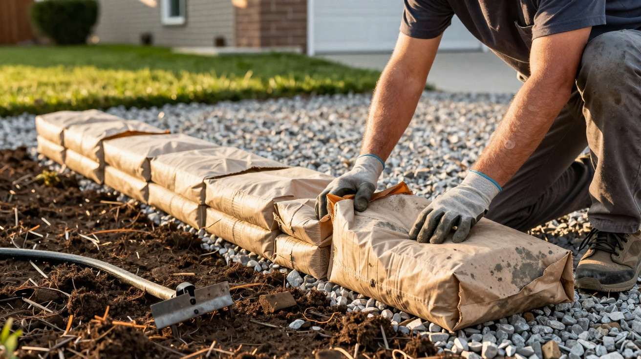 Person kneeling on gravel unwrapping compressed sod rolls beside a garden bed in daylight.