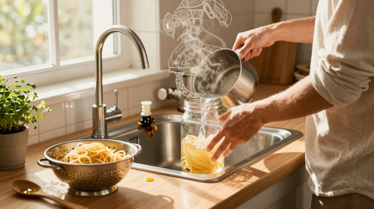 Person pouring steaming cooked pasta from a pot into a glass jar in a sunlit kitchen sink area.