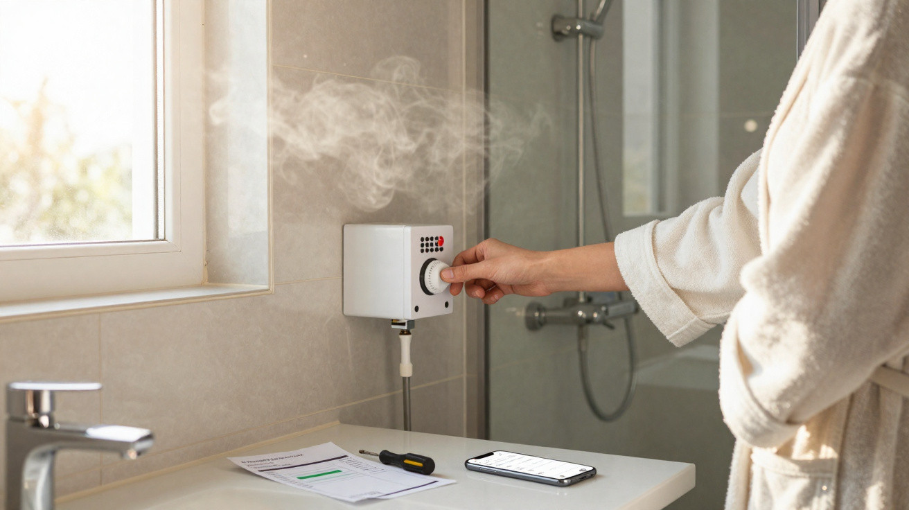 Person adjusting a white wall-mounted steam generator control in a bathroom with a shower and faucet nearby.