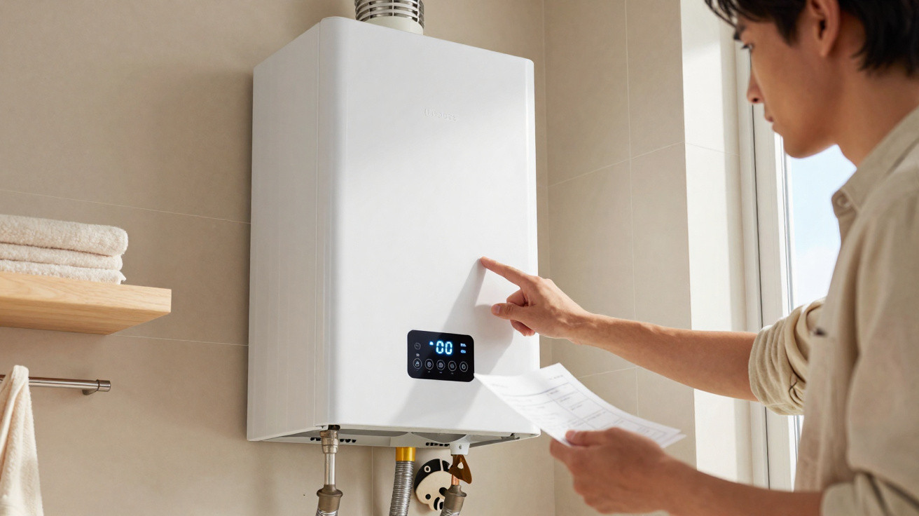 Person adjusting settings on a white wall-mounted boiler with digital display in a bathroom.