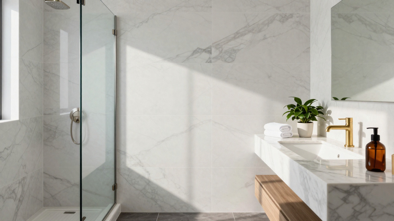 Modern bathroom with marble walls, glass shower, white sink, gold faucet, potted plant, and folded towels.