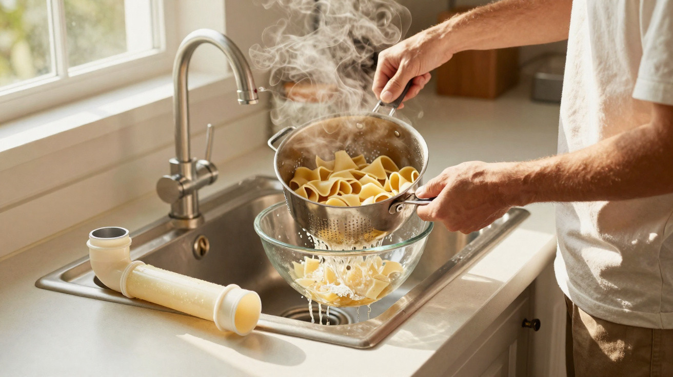 Person draining steaming cooked pasta into a glass bowl over a kitchen sink with a window nearby.