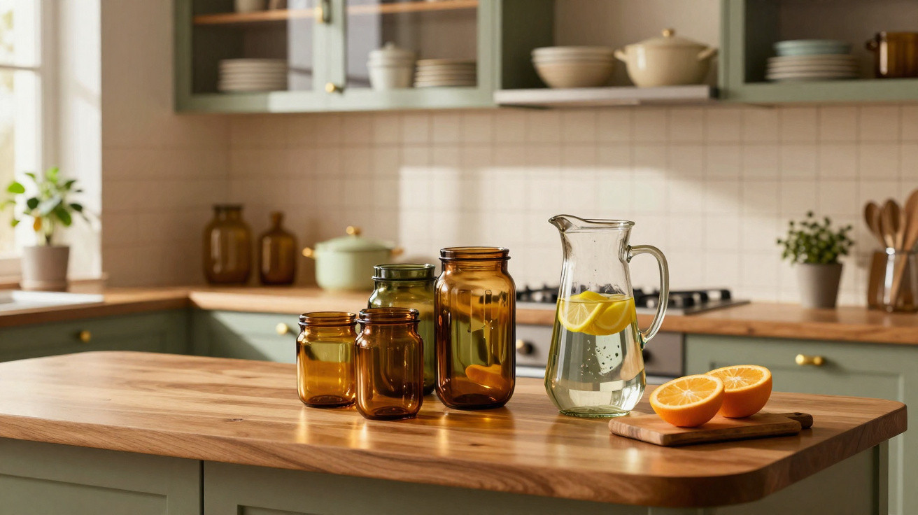 Glass jars and a jug with lemon water on a wooden kitchen island with sliced oranges on a chopping board.