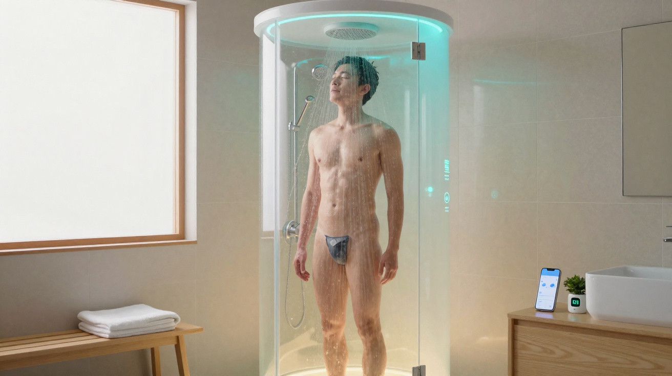 Man standing under water in a modern cylindrical shower with LED lighting in a minimalist bathroom.
