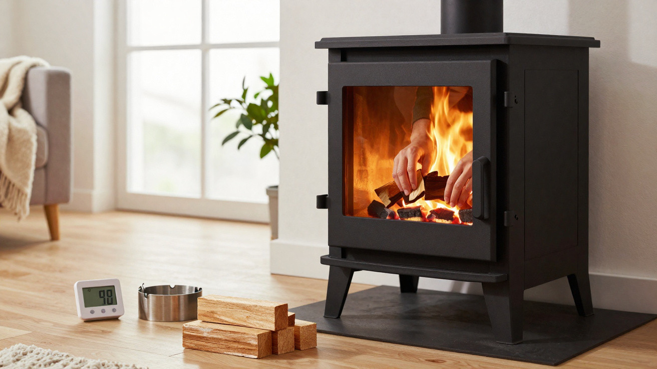 Hands tending glowing logs inside a black wood-burning stove in a cosy, modern living room.