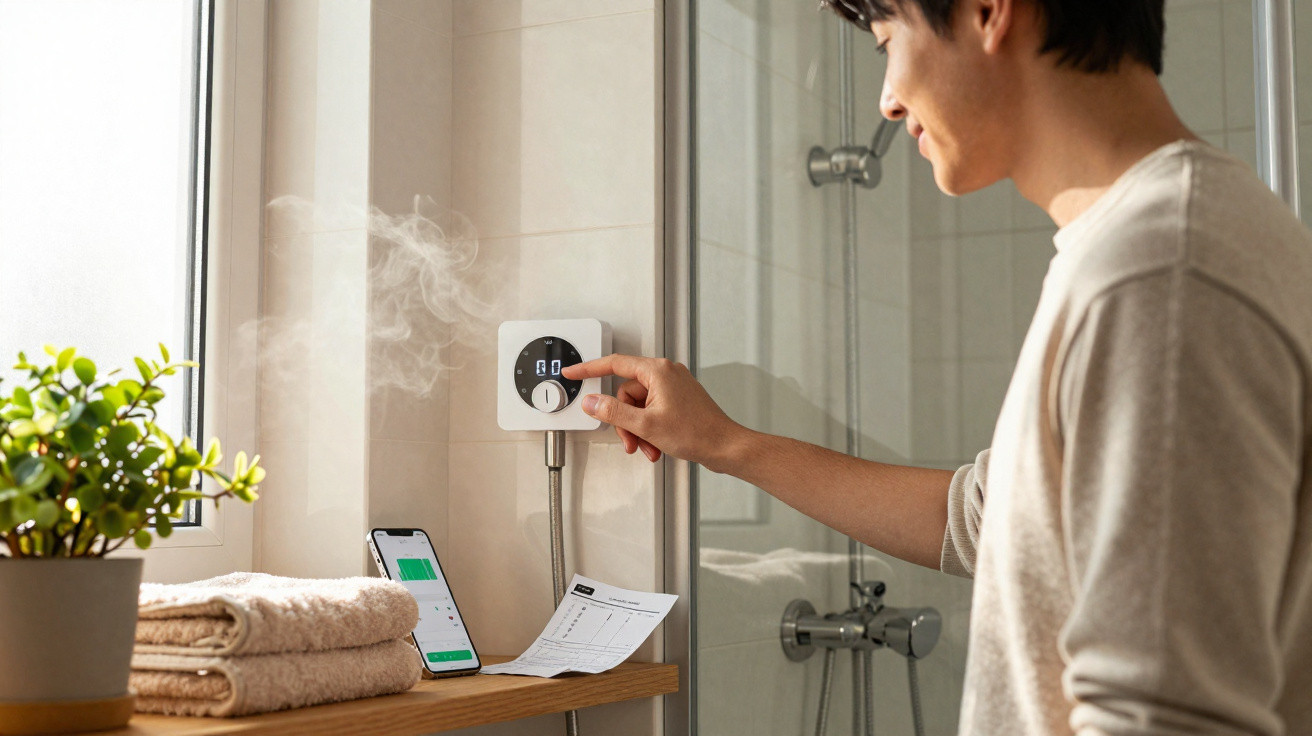 Man adjusting digital shower thermostat with steam rising, smartphone and towels on wooden shelf nearby