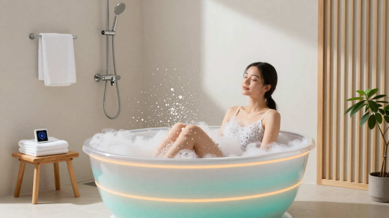 Woman relaxing in a modern bubble bath in a well-lit bathroom with wooden accents and a plant.